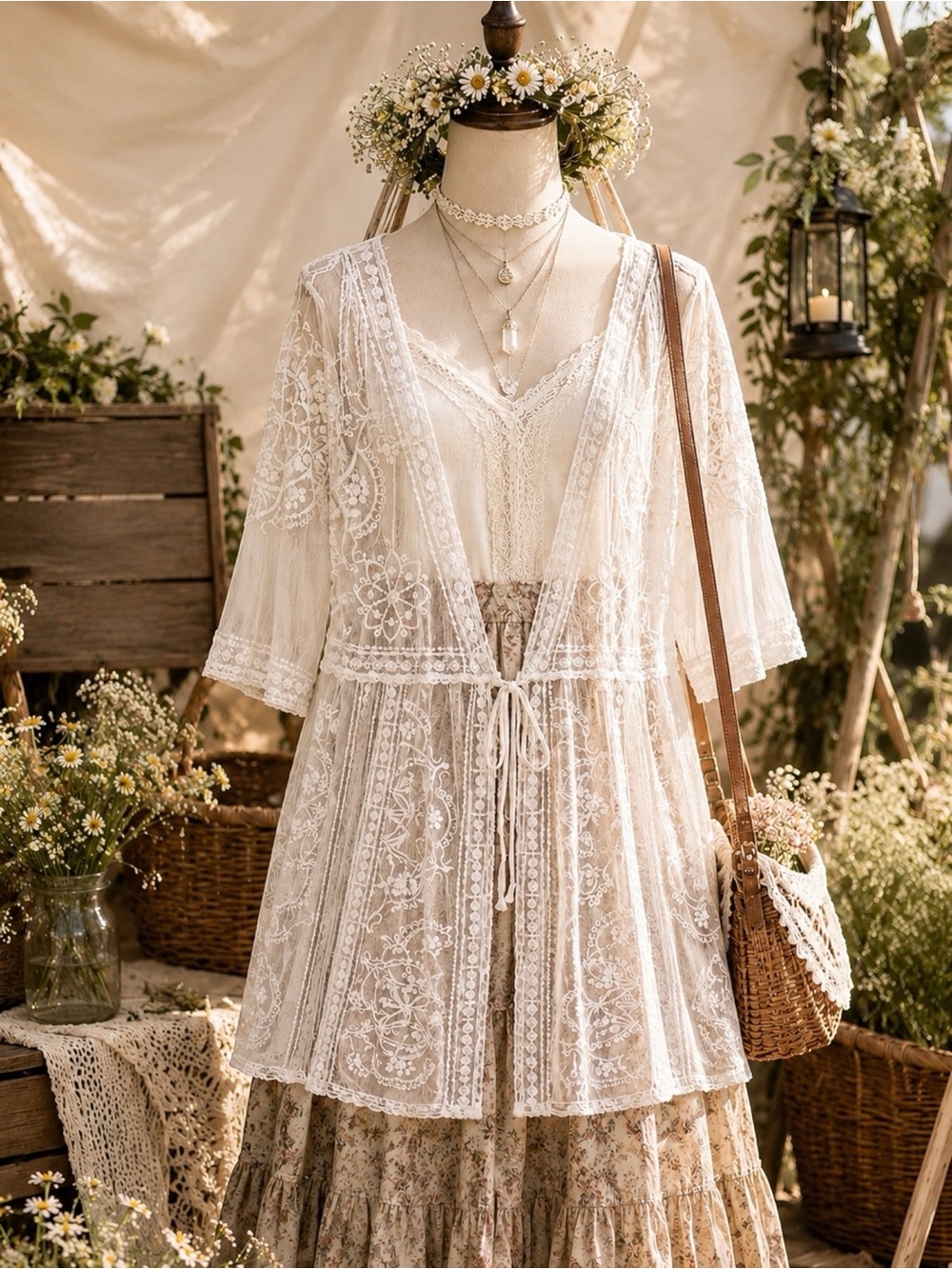 Embroidered‎ Lace Kimono Cover Up Duster Festival Beach Medium Angelcore Boho